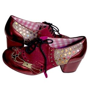 irregular choice cherry red heel saddle shoe